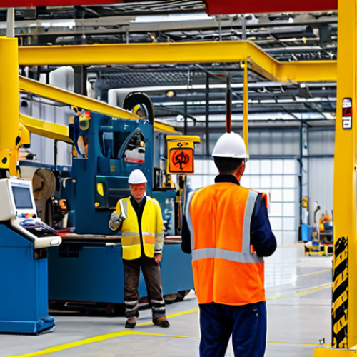 Home 15 **
A bustling factory floor, but with a focus on safety. Workers in hard hats and safety vests collaborate near modern machinery. Prominent safety signs are visible. The scene emphasizes a well-lit, organized, and hazard-free environment. A supervisor is observing procedures, ensuring adherence to safety protocols. The overall atmosphere should convey diligence and proactiveness regarding safety.
**
