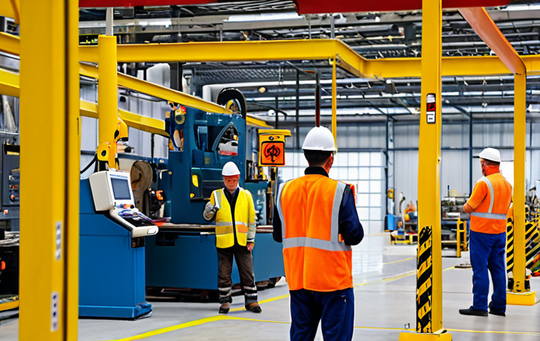 **
A bustling factory floor, but with a focus on safety. Workers in hard hats and safety vests collaborate near modern machinery. Prominent safety signs are visible. The scene emphasizes a well-lit, organized, and hazard-free environment. A supervisor is observing procedures, ensuring adherence to safety protocols. The overall atmosphere should convey diligence and proactiveness regarding safety.
**