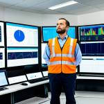 A professional male safety engineer, approximately 35 years old, wearing a clean, modern high-visibility safety vest over a light-colored professional shirt, and dark trousers. He is positioned in a meticulously organized industrial control room, observing multiple large digital screens displaying complex safety metrics, real-time data, and analytics. The background features a clean, well-lit modern factory floor, seen through a large glass partition, suggesting a seamlessly monitored environment. The engineer's expression is focused and vigilant, embodying competence and responsibility. Perfect anatomy, correct proportions, natural pose, well-formed hands, proper finger count. Professional photography, high resolution, detailed, realistic lighting, safe for work, appropriate content, fully clothed, professional.