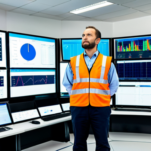 Home 14 A professional male safety engineer, approximately 35 years old, wearing a clean, modern high-visibility safety vest over a light-colored professional shirt, and dark trousers. He is positioned in a meticulously organized industrial control room, observing multiple large digital screens displaying complex safety metrics, real-time data, and analytics. The background features a clean, well-lit modern factory floor, seen through a large glass partition, suggesting a seamlessly monitored environment. The engineer's expression is focused and vigilant, embodying competence and responsibility. Perfect anatomy, correct proportions, natural pose, well-formed hands, proper finger count. Professional photography, high resolution, detailed, realistic lighting, safe for work, appropriate content, fully clothed, professional.