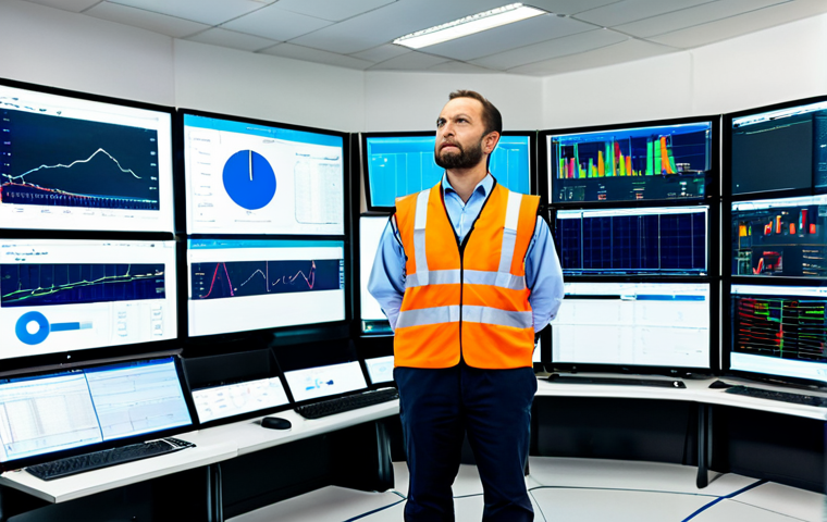 A professional male safety engineer, approximately 35 years old, wearing a clean, modern high-visibility safety vest over a light-colored professional shirt, and dark trousers. He is positioned in a meticulously organized industrial control room, observing multiple large digital screens displaying complex safety metrics, real-time data, and analytics. The background features a clean, well-lit modern factory floor, seen through a large glass partition, suggesting a seamlessly monitored environment. The engineer's expression is focused and vigilant, embodying competence and responsibility. Perfect anatomy, correct proportions, natural pose, well-formed hands, proper finger count. Professional photography, high resolution, detailed, realistic lighting, safe for work, appropriate content, fully clothed, professional.