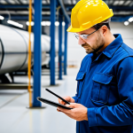 A professional industrial safety engineer, fully clothed in a modest, dark blue professional safety uniform, standing in a clean, well-lit modern factory floor. The engineer is holding a tablet and a stylus, intently observing machinery in the background, deep in thought about potential hidden risks and continuous improvement processes. The setting emphasizes safety and efficiency. Perfect anatomy, correct proportions, natural pose, well-formed hands, proper finger count, natural body proportions. Professional photography, high quality, safe for work, appropriate content, family-friendly.