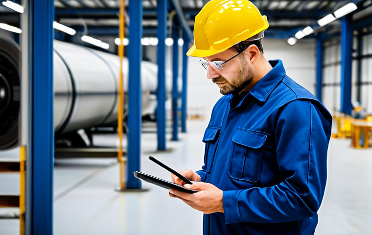 A professional industrial safety engineer, fully clothed in a modest, dark blue professional safety uniform, standing in a clean, well-lit modern factory floor. The engineer is holding a tablet and a stylus, intently observing machinery in the background, deep in thought about potential hidden risks and continuous improvement processes. The setting emphasizes safety and efficiency. Perfect anatomy, correct proportions, natural pose, well-formed hands, proper finger count, natural body proportions. Professional photography, high quality, safe for work, appropriate content, family-friendly.