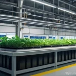 산업안전분야에서의 환경 친화적 접근 - A highly detailed, wide-angle shot of a cutting-edge, eco-friendly factory interior. Sunlight stream...