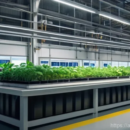 Home 22 산업안전분야에서의 환경 친화적 접근 - A highly detailed, wide-angle shot of a cutting-edge, eco-friendly factory interior. Sunlight stream...