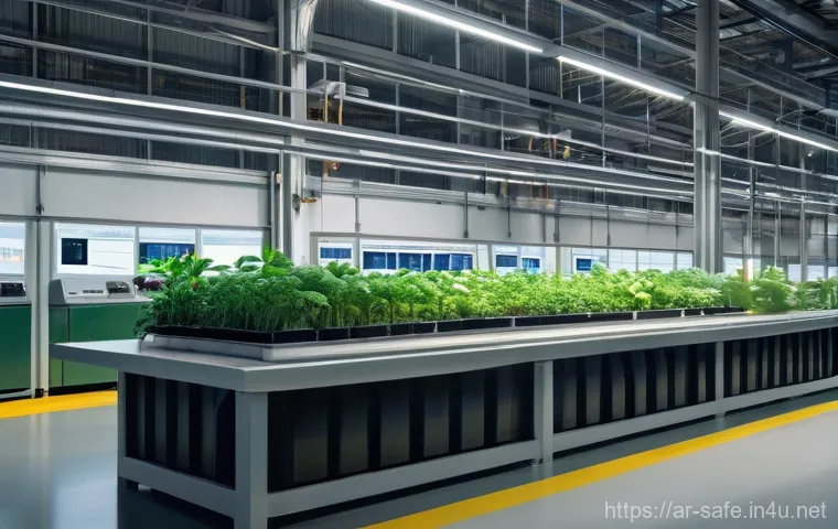 산업안전분야에서의 환경 친화적 접근 - A highly detailed, wide-angle shot of a cutting-edge, eco-friendly factory interior. Sunlight stream...