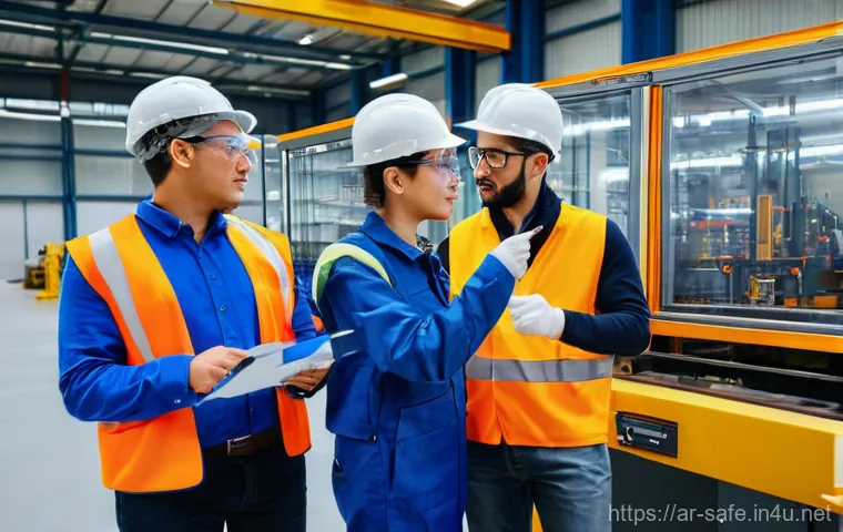 산업안전기사와 전기안전관리자의 협업 - **Prompt:** A diverse group of professional industrial workers, men and women of various ethnicities...