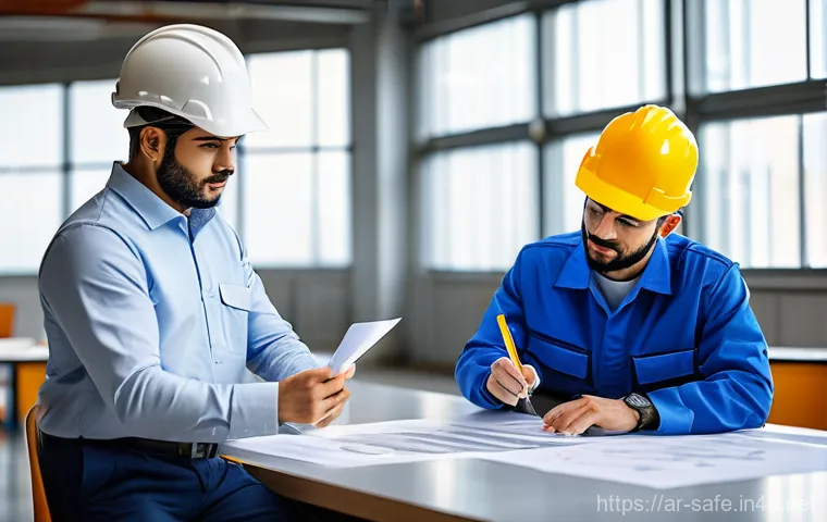 산업안전기사와 전기안전관리자의 협업 - **Prompt:** A focused electrical safety manager, a person of Middle Eastern descent, wearing a flame... 산업안전기사와 전기안전관리자의 협업 - **Prompt:** A focused electrical safety manager, a person of Middle Eastern descent, wearing a flame...