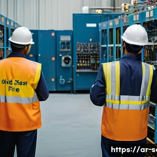 산업안전기사와 화재위험 평가 사례 - A detailed industrial workplace scene inside a Middle Eastern factory, showing workers wearing safet...