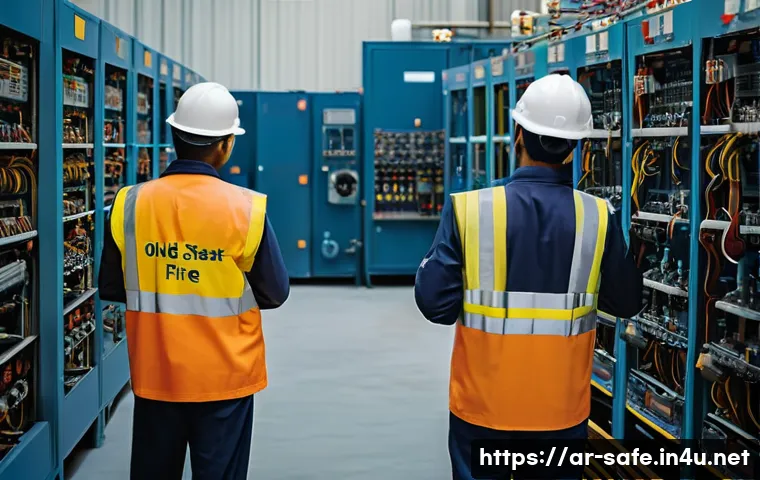 산업안전기사와 화재위험 평가 사례 - A detailed industrial workplace scene inside a Middle Eastern factory, showing workers wearing safet...