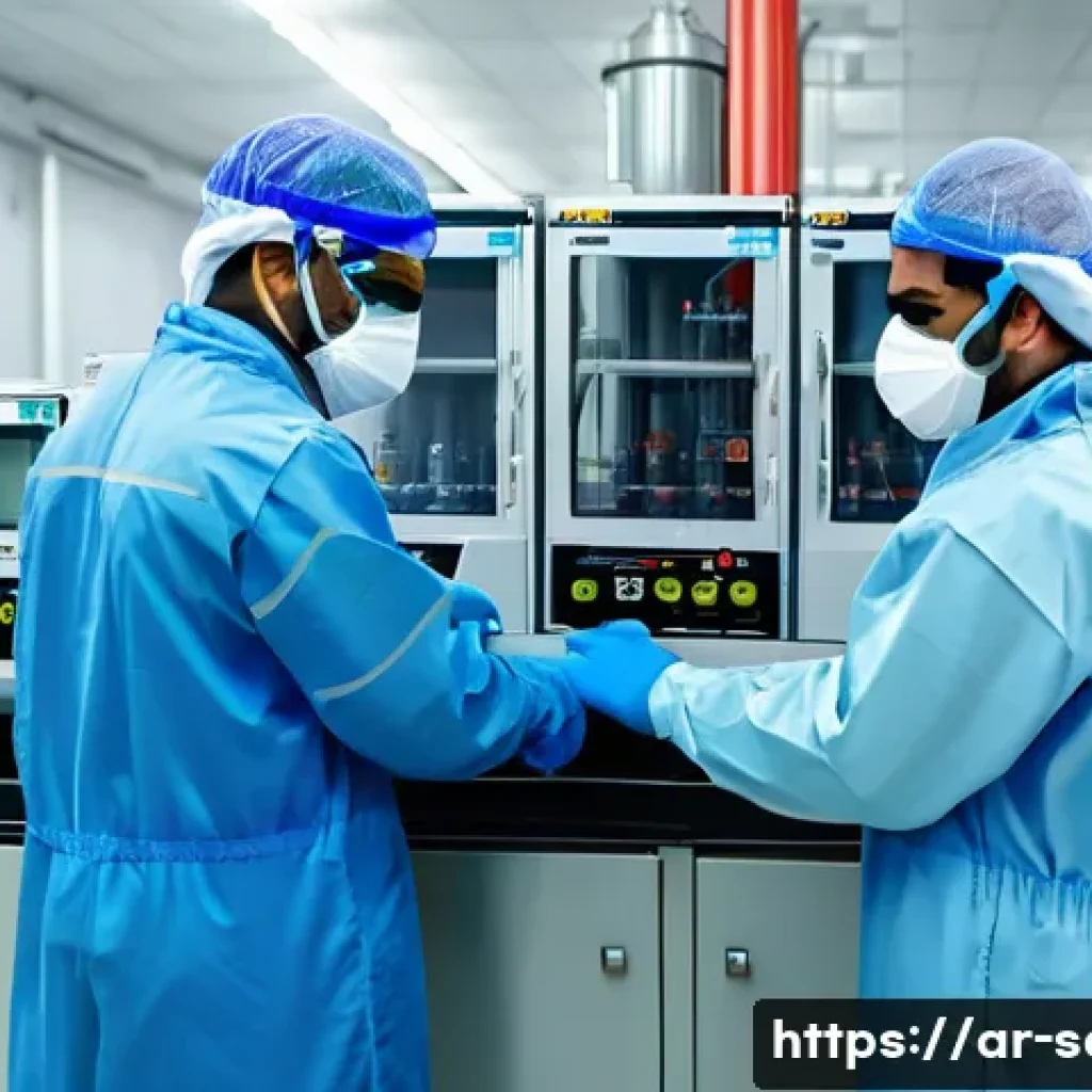 산업안전기사와 화학물질 안전 관리 - A detailed industrial laboratory scene in a modern Middle Eastern factory, showing diverse workers w...