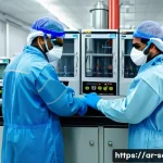 산업안전기사와 화학물질 안전 관리 - A detailed industrial laboratory scene in a modern Middle Eastern factory, showing diverse workers w...