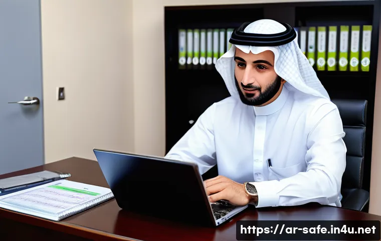 산업안전기사 시험 응시료 절약법 - A professional Middle Eastern man in modern business attire, sitting at a desk with a laptop display...